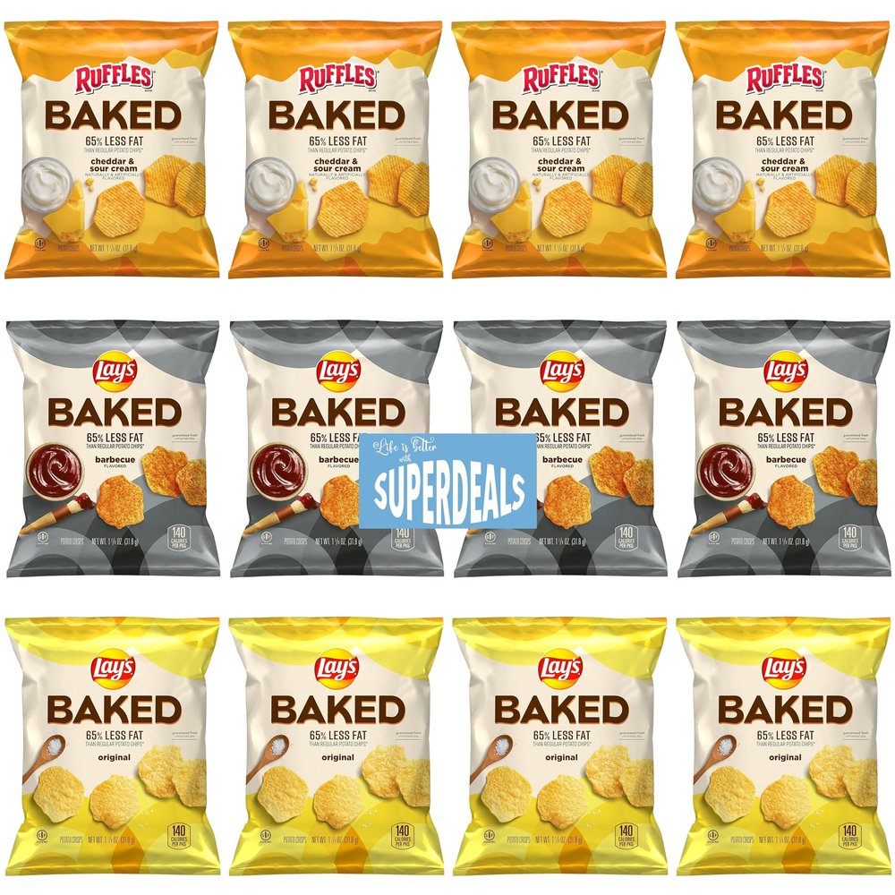 Baked Variety Pack 4 Ruffles Cheddar & Sour Cream Crisps, 4 Lay's Barbecue Potato Crisps, 4 Lay's Original Potato Crisps, 1.125 Ounce (Pack of 12) Value Pack Bundled by SUPERDEALS with Mystery Gift