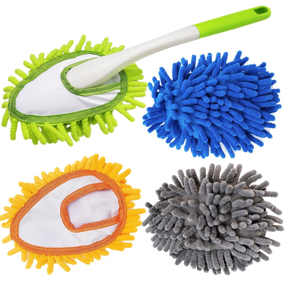 16 Inch Microfiber Duster Kit with 4 Pcs Duster Head, Feather Dsters, Washable and Reusable Duster, Wet and Dry Use, Cleaning Tools for Car,Office,Household