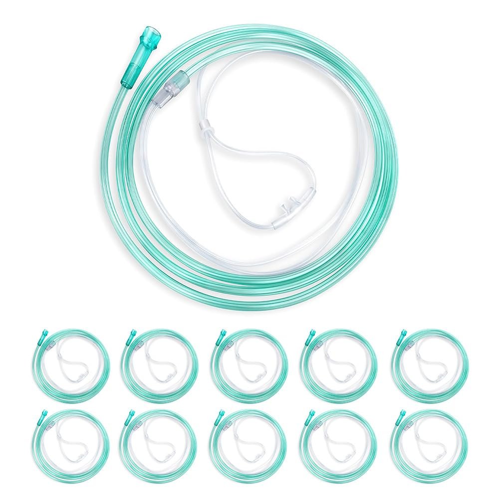 Adult Standard Nasal Cannula 10-Pack Soft Green Oxygen Tubing (7 ft) High Visibility, Kink-Resistant & Lightweight