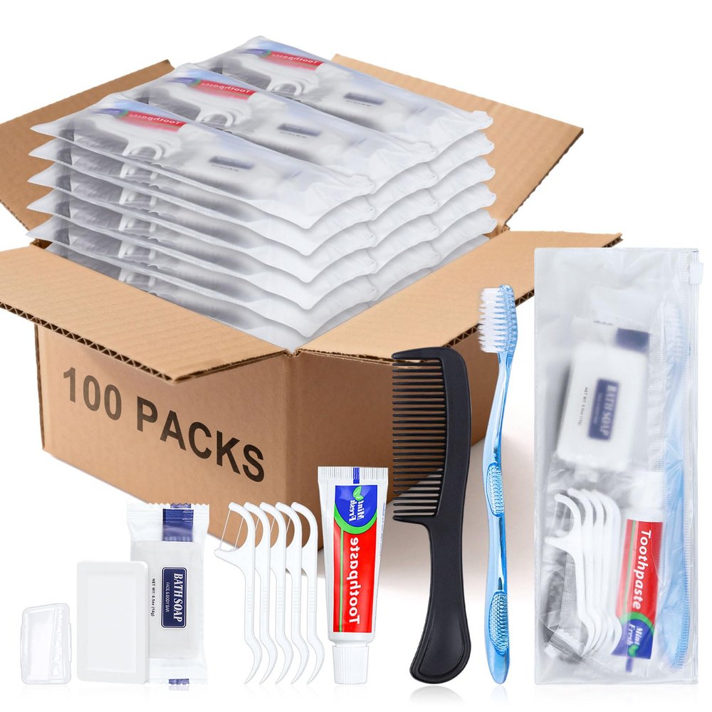 HQSLsund 100 Sets Personal Hygiene Kit Basic Toiletry Kits Homeless Supplies Bulk for Women,Men,Travel,Charity,Business Include 100 Toothbrush,100 Toothpaste,100 Comb,100 Bath Soap,500 Floss Pick