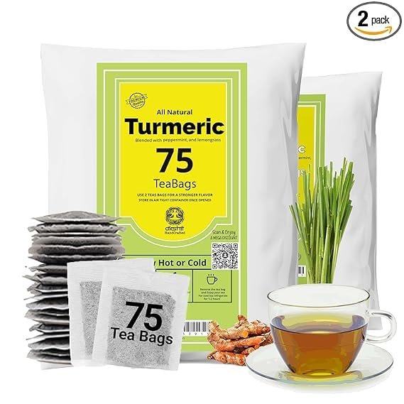 150 Turmeric Tea with Black Pepper Tea Bags, Te de Curcuma, Fresh Turmeric Tea Blend, Caffeine Free, All Natural Ingredients. Herbal Tea. No Sugar, No Caffeine, No Gluten, Vegan