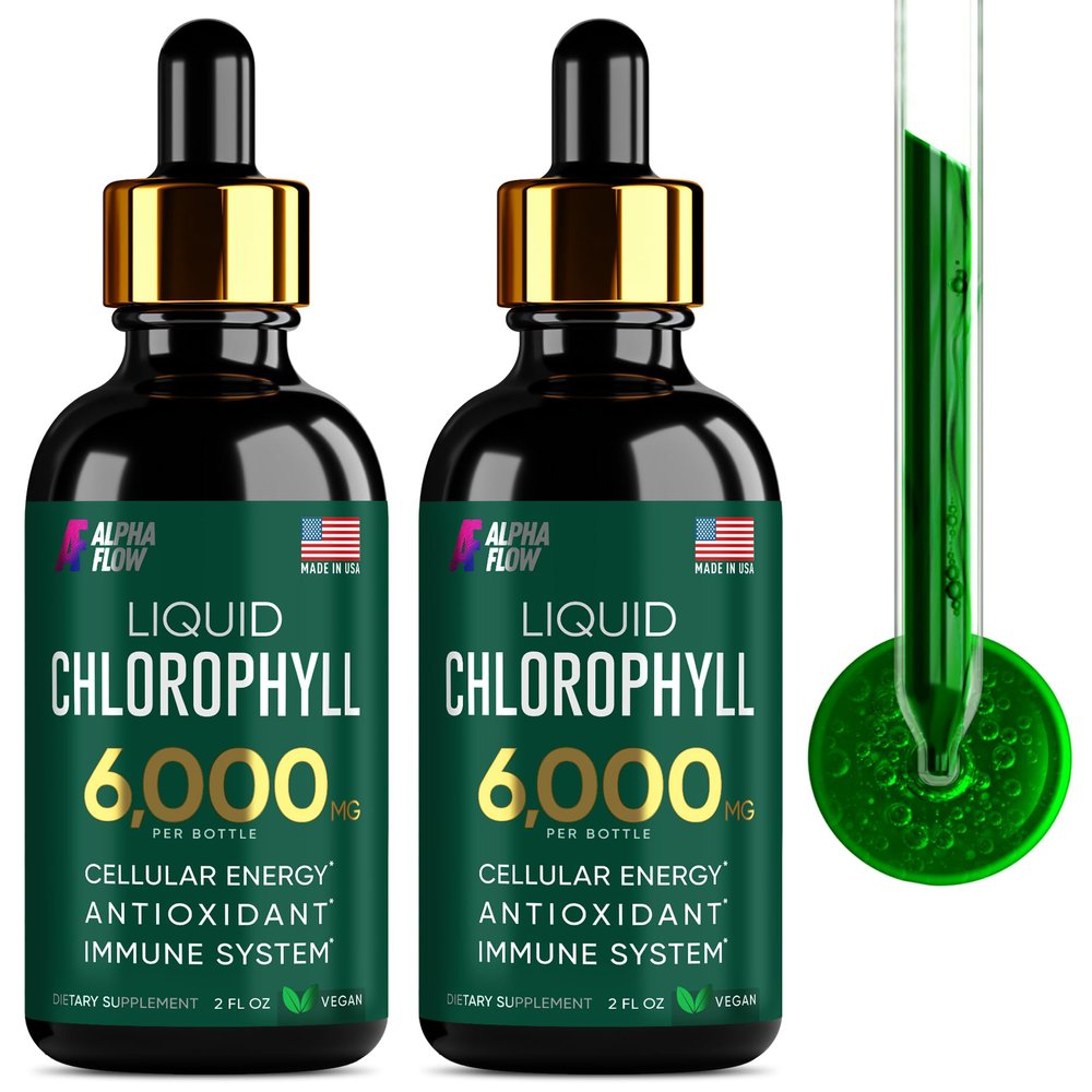 [2 Pack] Chlorophyll Liquid Drops 6000MG Natural Liquid Chlorophyll Drops for Detox, Energy, Skin Internal Deodorant Vegan Chlorophyll Liquid Drops for Kids & Adults US-made, Non-GMO - 4 Fl Oz