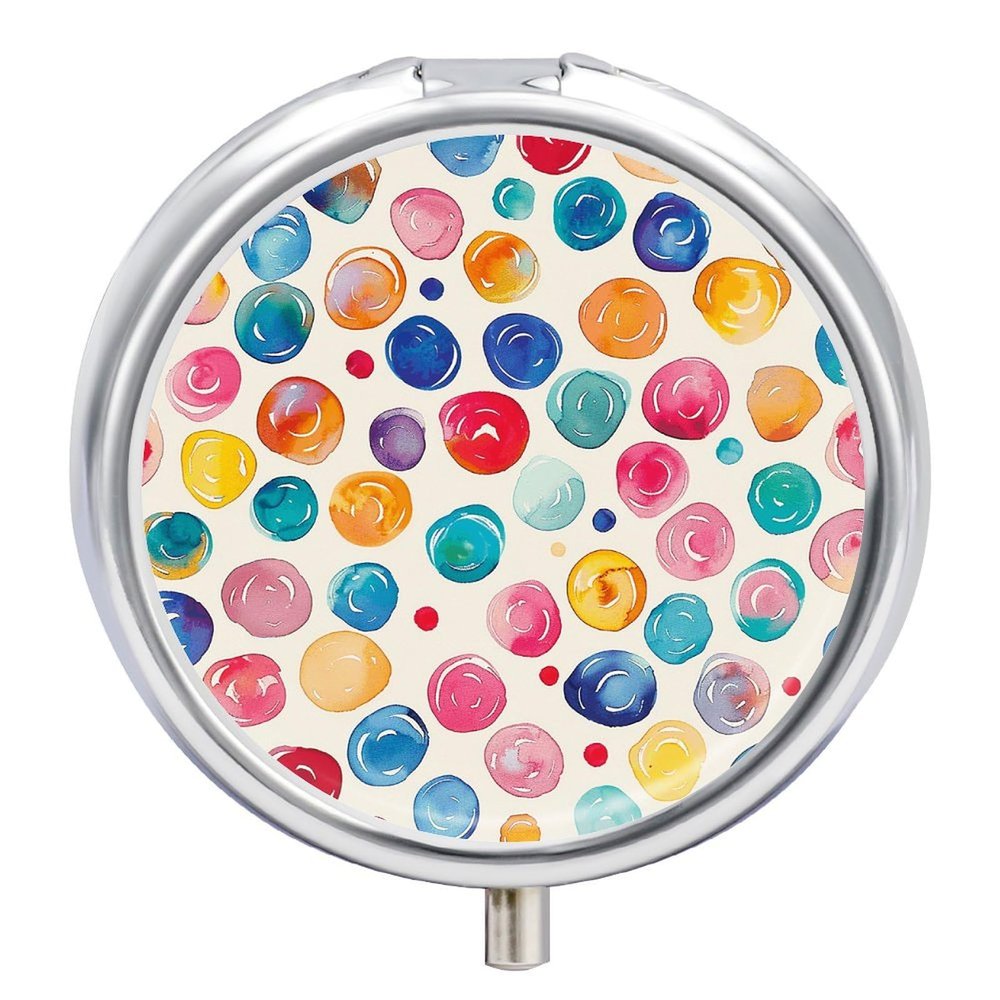 Pill Box 3 Compartment Medicine Pill Case Portable Round Pillbox Week Pill Holder Container for Vitamin Medicine Supplement Colorful Candy Images Small Pill Organizer