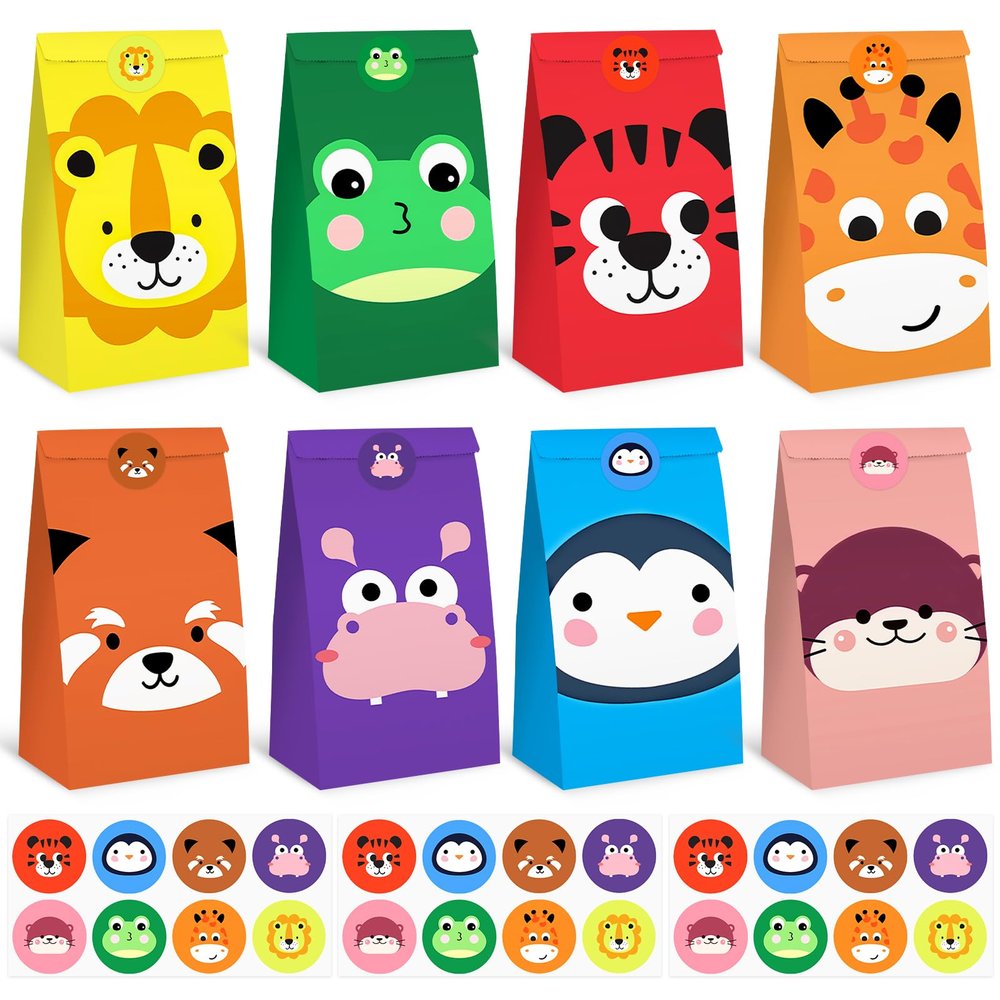 VGOODALL 24 Pack Party Favor Bags with Stickers, 4.7"x 3.1"x 8.7" Animal Paper Treat Bags for Kids Birthdays Classroom Rewards Goodie Gift Supplies