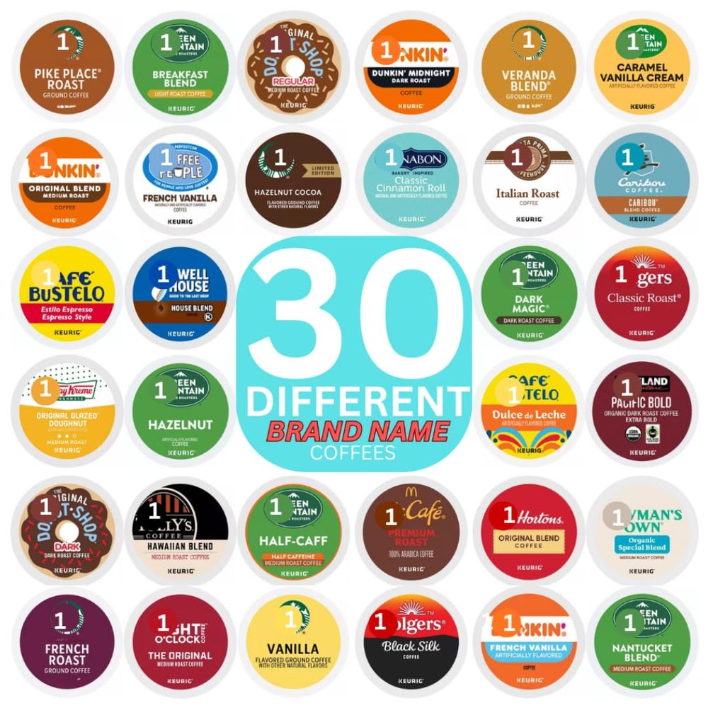 Brand Name Variety Pack Coffee Pods K Cup Sampler Flavored, Dark, Medium & light Roast. All the Top Brands and Many Morefor Keurig Brewers1 box (30 Unique Pods)