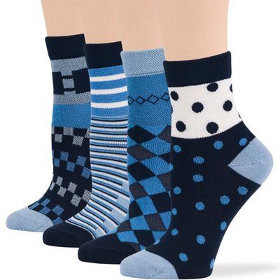7BIGSTARS KINGDOM Women's Cotton Diabetic Quarter Patterned Socks - 4 Pack Medium-Extra Wide Geometric, Polka Dot, Stripe, Argyle - Sock Size 9-11 Shoe Size 5-9 M Denim Blue, Dark Navy