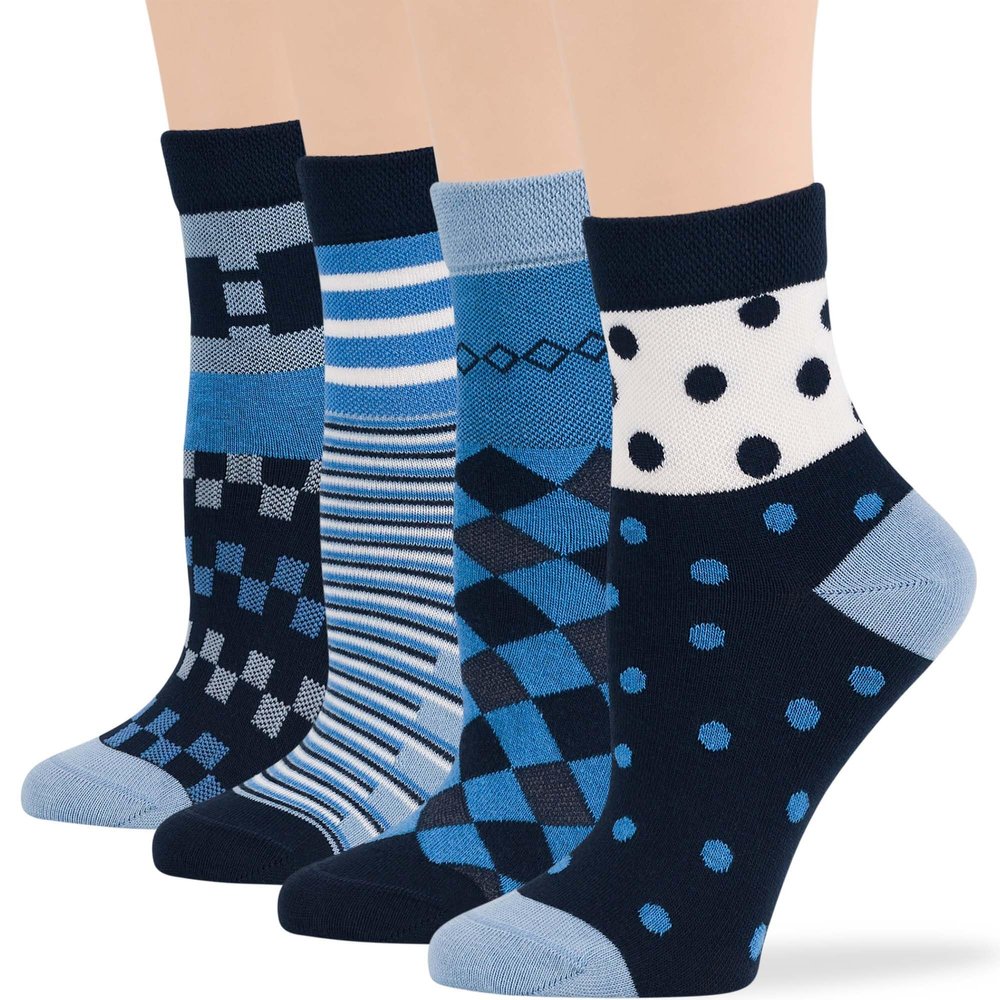 7BIGSTARS KINGDOM Women's Cotton Diabetic Quarter Patterned Socks - 4 Pack Medium-Extra Wide Geometric, Polka Dot, Stripe, Argyle - Sock Size 9-11 Shoe Size 5-9 M Denim Blue, Dark Navy