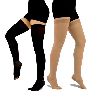 2 Pairs Anti Embolism Ted Hose Thigh High 15-20 mmHg Compression Stocking,Post Surgery Support Compression Socks with Inspect Toe Hole for Women & Men (Black + Beige, L)