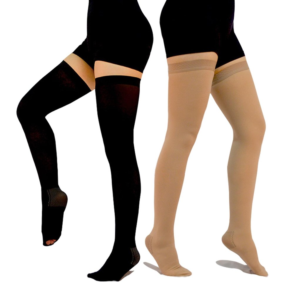 2 Pairs Anti Embolism Ted Hose Thigh High 15-20 mmHg Compression Stocking,Post Surgery Support Compression Socks with Inspect Toe Hole for Women & Men (Black + Beige, M)