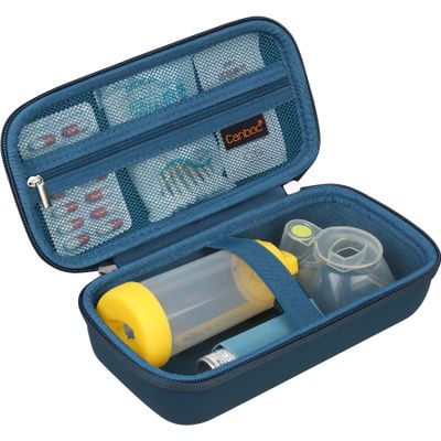 Canboc Carrying Case for Asthma Inhaler, Handheld Spacer for Adults and Kids, Masks, Hard Inhaler Box with Mesh Pocket fit Medicine and Other Essentials, Blue
