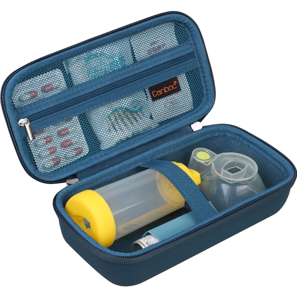 Canboc Carrying Case for Asthma Inhaler, Handheld Spacer for Adults and Kids, Masks, Hard Inhaler Box with Mesh Pocket fit Medicine and Other Essentials, Blue