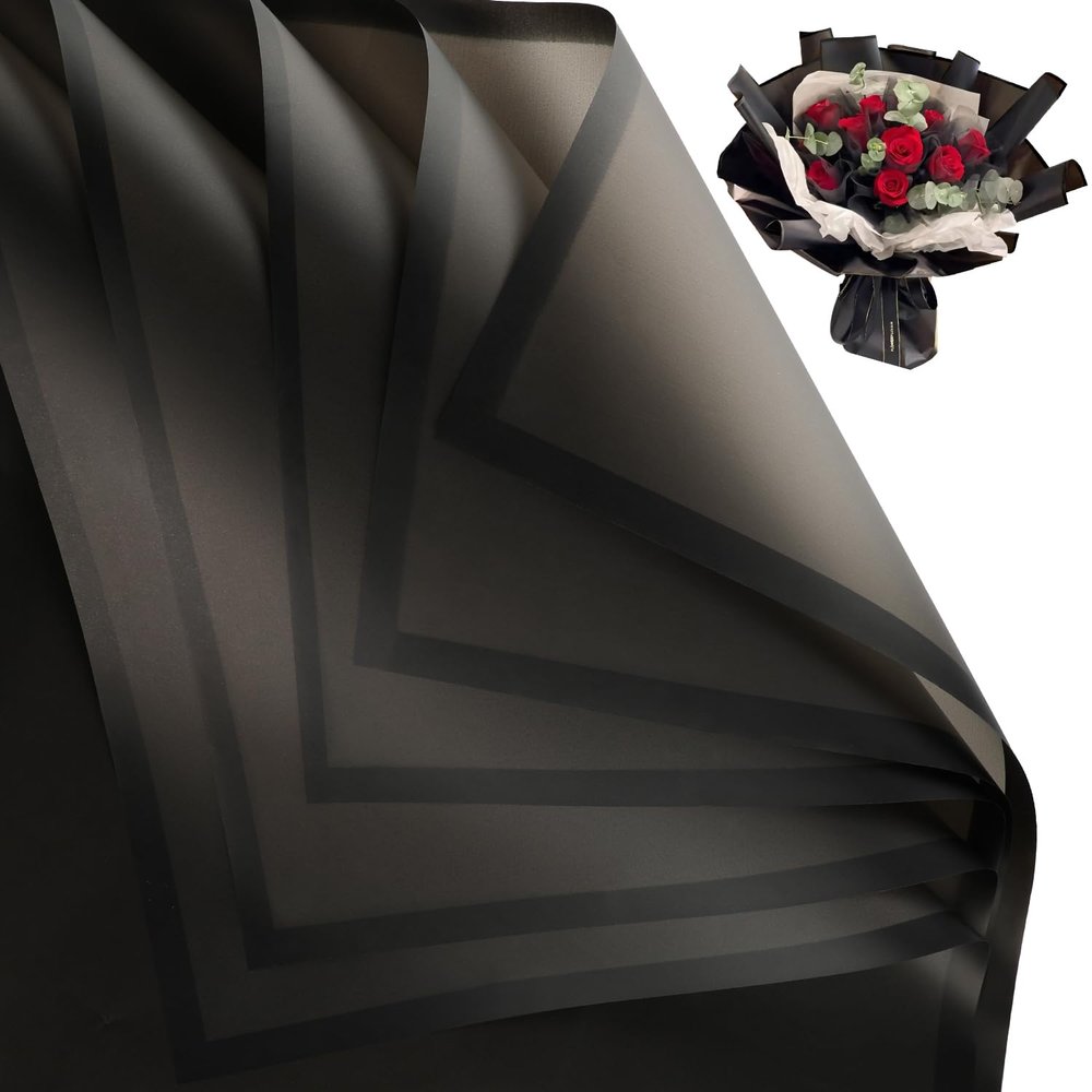 20 Sheets Flower Wrapping Paper, Waterproof Floral Bouquet Wrapping Paper for DIY Crafts, 22.4 x 22.6 Inch Translucent Black Florist Supplies Packaging Paper for Birthday Wedding Valentine's Gift