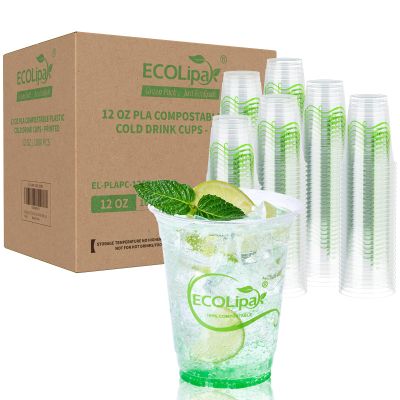 ECOLipak 1000 Count 12 OZ Clear Compostable Plastic Cups, Disposable Plant-Based Biodegradable Drinking Party Cups, PLA Plastic Cold Tumblers for Restaurant, Office, Canteen, Large Gathering