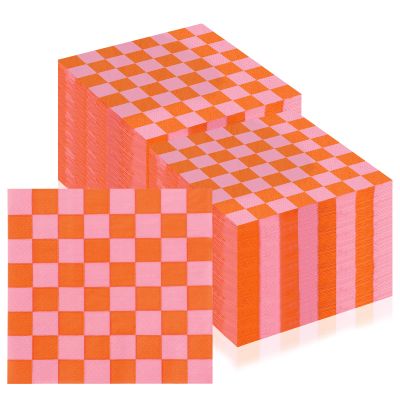 150 Pcs Orange Gingham Paper Napkins 5 * 5 Inch Pink Luncheon Napkins Checkered Napkins Disposable Guest Napkins Cocktail Luncheon Paper Plates For Tequila Sunrise Bachelorette Party Bridal Shower