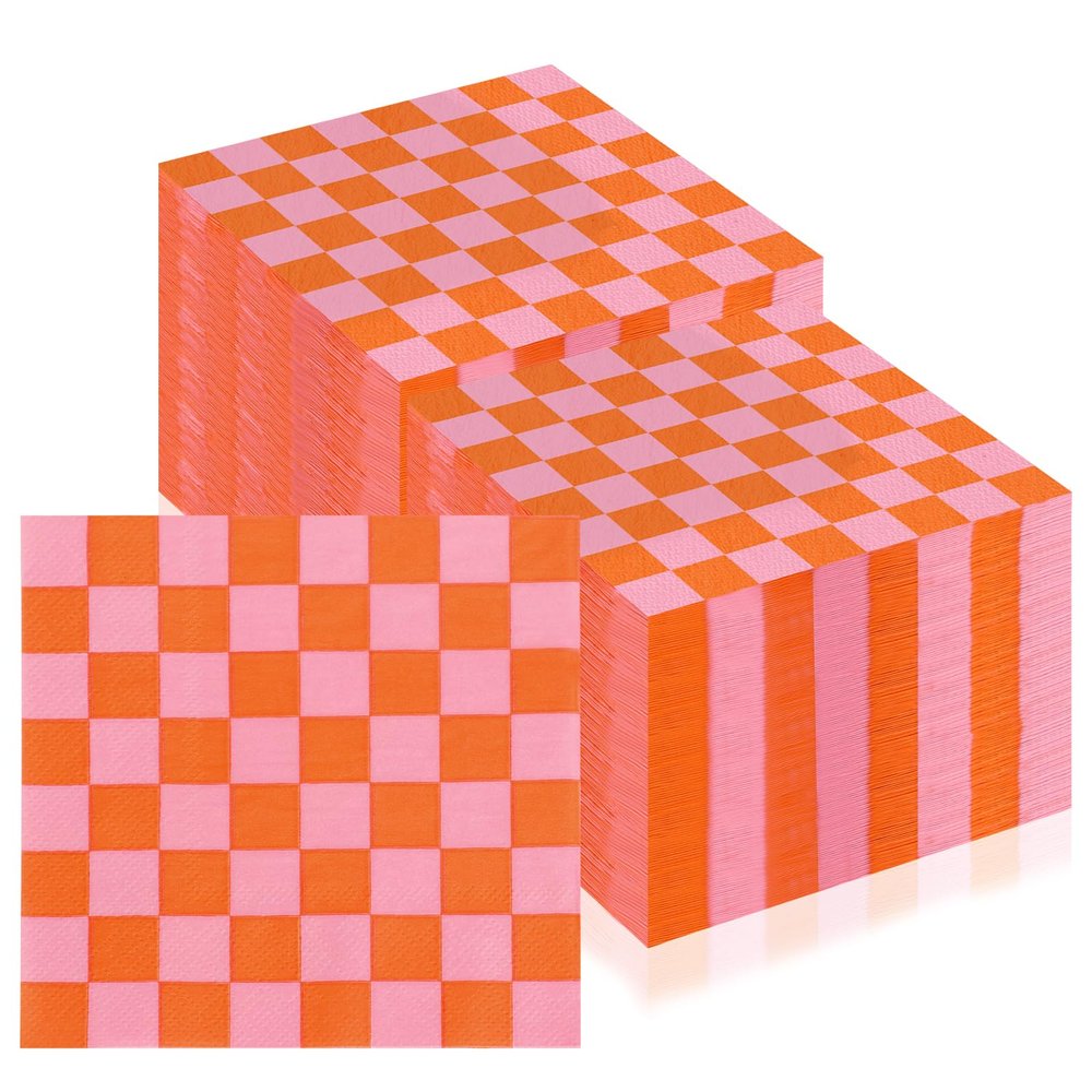 150 Pcs Orange Gingham Paper Napkins 5 * 5 Inch Pink Luncheon Napkins Checkered Napkins Disposable Guest Napkins Cocktail Luncheon Paper Plates For Tequila Sunrise Bachelorette Party Bridal Shower