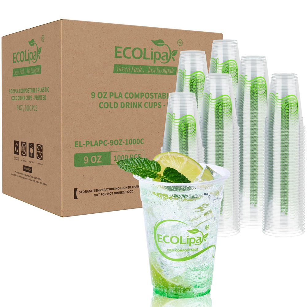 ECOLipak 1000 Count 9 OZ Clear Compostable Plastic Cups, Disposable Plant-Based Biodegradable Drinking Party Cups, PLA Plastic Cold Tumblers for Restaurant, Office, Canteen, Large Gathering