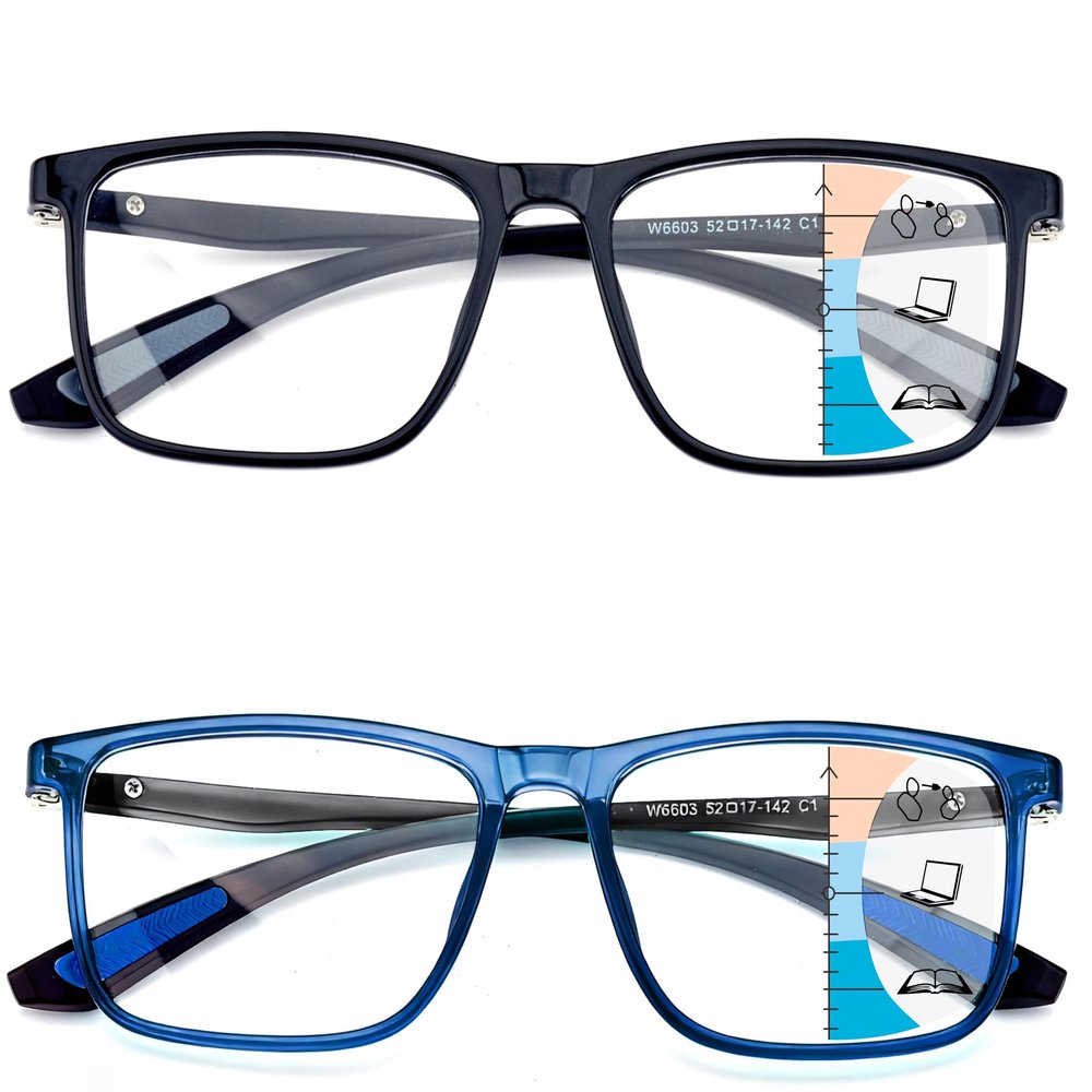 Multifocus Reading Glasses Men,No Line Bifocal Progressive Multifocal Transition Readers,Large Trifocal Multi Focus Dual Vision Frame,Wide Dual Vision Blue Light Blocker Computer TR90 Eyeglasses +1.0