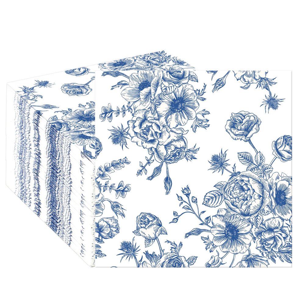 100 PCS Blue Floral Cocktail Napkins Blue and White Flower Paper Napkins 3-Ply Disposable Flowers Beverage Napkin for Wedding Bridal Shower Birthday Baby Shower Party Supplies, 5 x 5 Inch