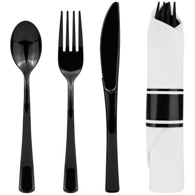 30Pack Black Plastic Silverware, Disposable Plastic Silverware with Napkins, Wrapped Black Cutlery Set Heavy Duty, Rolled Cutlery with Napkins, Pre Wrapped Cutlery for Party Events