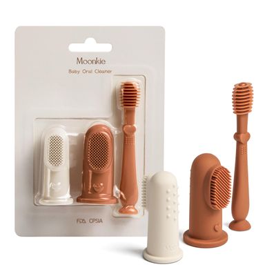 Moonkie Baby Finger Toothbrush Tongue Oral Cleaner Kit for 3 Months +, 3 Pcs (Clay/Ivory/Clay)
