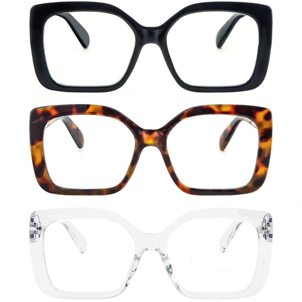 REAVEE 3 Pack Wide Oversized Reading Glasses for Women, Blue Light Blocking Computer Stylish Square Readers with Spring Hinge 2.5