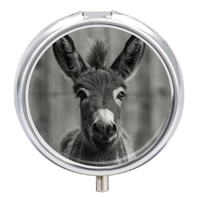 Pill Box 3 Compartment Round Pill Organizer Small Metal Pill Case for Travel A Donkey Pattern Daily Pill Container Portable Medicine Organizer for Vitamins Supplement Purse Pocket
