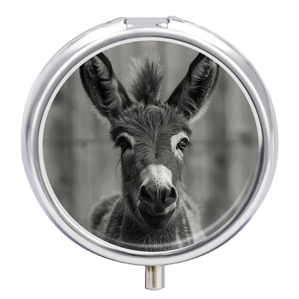 Pill Box 3 Compartment Round Pill Organizer Small Metal Pill Case for Travel A Donkey Pattern Daily Pill Container Portable Medicine Organizer for Vitamins Supplement Purse Pocket