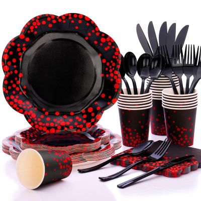 175PCS Halloween Paper Plates,Red and Black Party Decorations,Red Dot on Black Paper Plates and Napkins for Birthday Baby Shower Wedding Anniversary Halloween Party Decorations,Serves 25