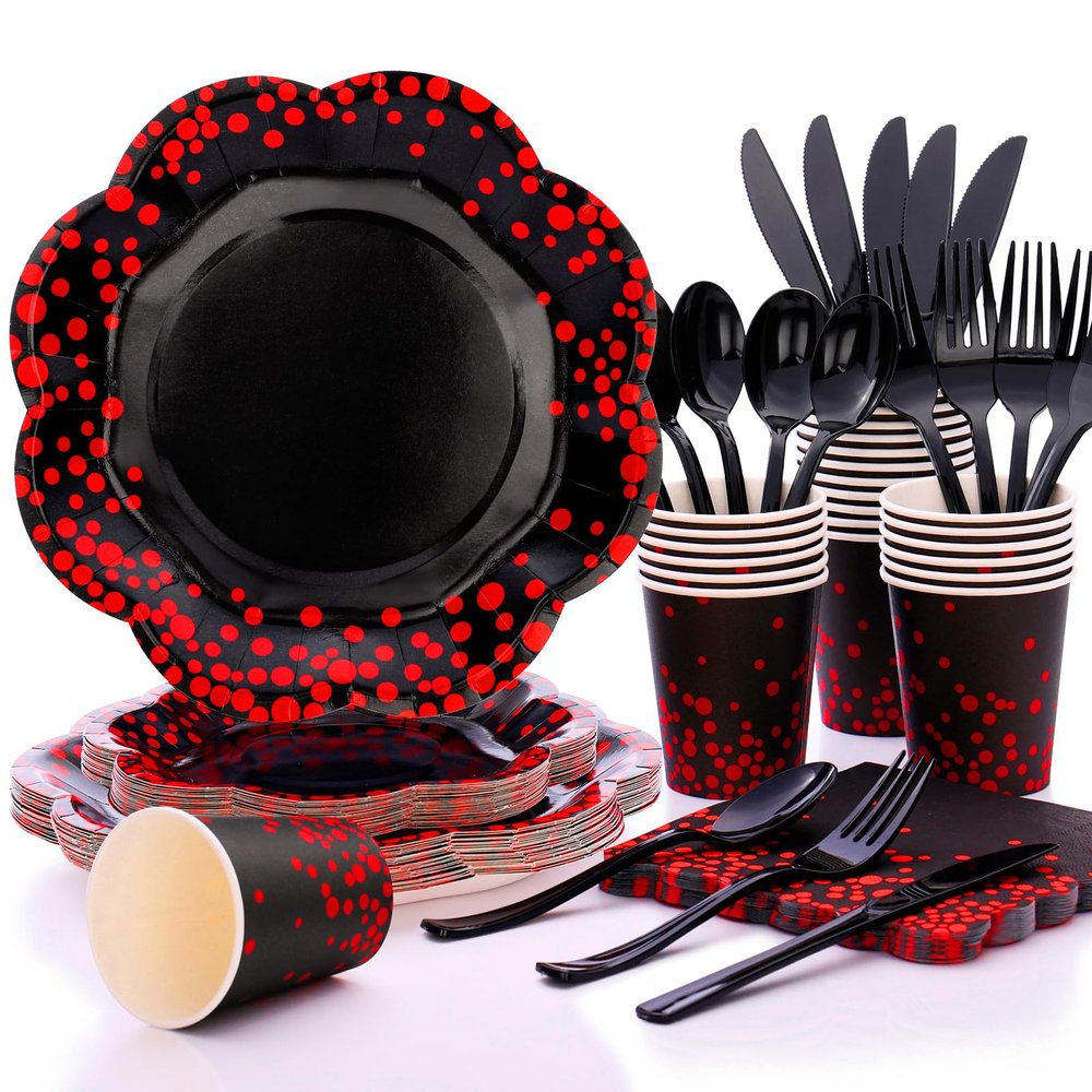 175PCS Halloween Paper Plates,Red and Black Party Decorations,Red Dot on Black Paper Plates and Napkins for Birthday Baby Shower Wedding Anniversary Halloween Party Decorations,Serves 25