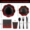 175PCS Halloween Paper Plates,Red and Black Party Decorations,Red Dot on Black Paper Plates and Napkins for Birthday Baby Shower Wedding Anniversary Halloween Party Decorations,Serves 25 view 3
