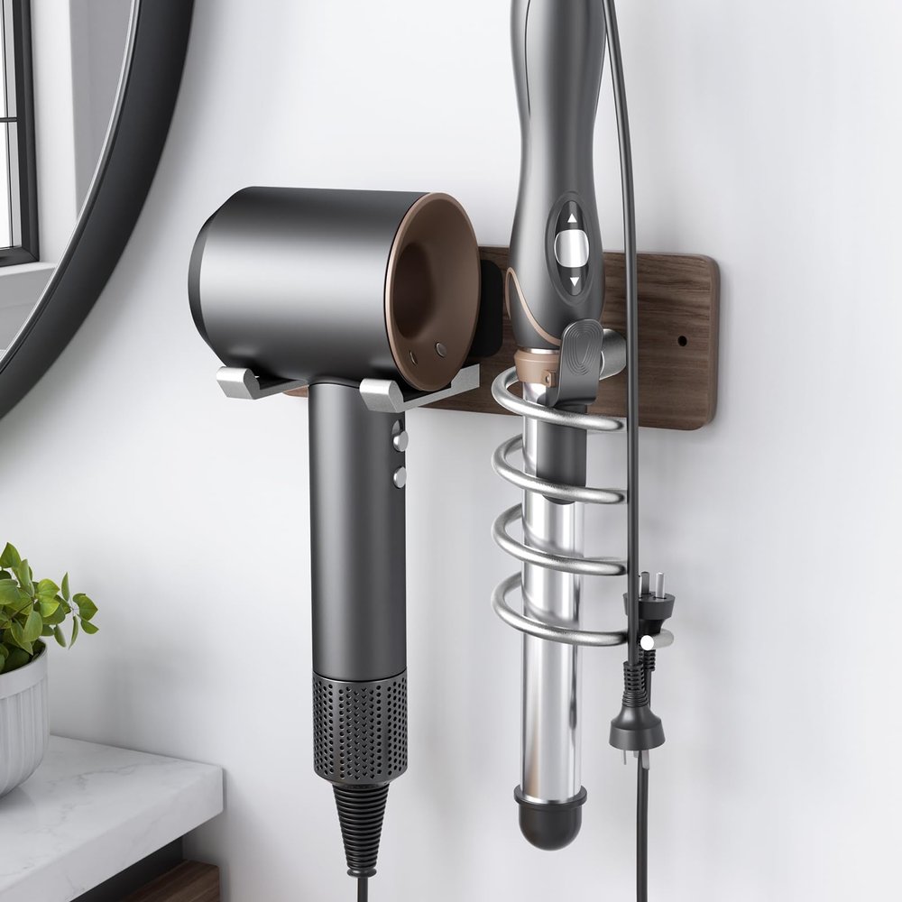 Tindbea Hair Dryer Holder Curling Iron Holder, Blow Dryer Holder Wall Mount, Bathroom Hair Tool Organizer Rack for Universal Dryer, Walnut Wood Silver Color Metal