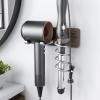 Tindbea Hair Dryer Holder Curling Iron Holder, Blow Dryer Holder Wall Mount, Bathroom Hair Tool Organizer Rack for Universal Dryer, Walnut Wood Silver Color Metal view 1