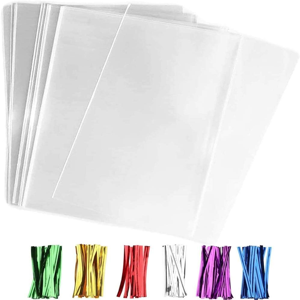 SOMIOCO Large Cellophane Treat Bags 11x14 Inch 50 Pcs Clear OPP Plastic Goodie Bags for Gift Wrapping, Bakery, Cookie, Candies, Soaps, Party Favors Packaging with Color Twist Ties