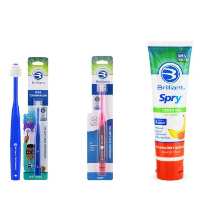 Brilliant Oral Care Bundle; Pack of 1 Kids Toothbrush - Purple, Pack of 1 Adult Toothbrush, Red with Soft Bristles Round Head, & Kids Fluoride Free Toothpaste, Spry Gel with Xylitol,