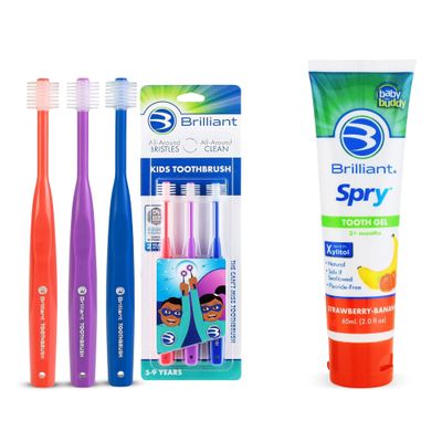 Brilliant Oral Care Bundle; Pack of 3 Kids Toothbrush with Soft Bristles Round Head - Red Purple Royal & Pack of 1 Kids Fluoride Free Toothpaste, Spry Gel with Xylitol, Strawberry Banana
