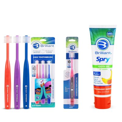Brilliant Oral Care Bundle; 3 Pack Kids Toothbrush Red Purple Royal, 1 Pack Adult Toothbrush - Red with Soft Bristles Round Head & Kids Fluoride Free Toothpaste, 1 Pack Spry Gel with Xylitol