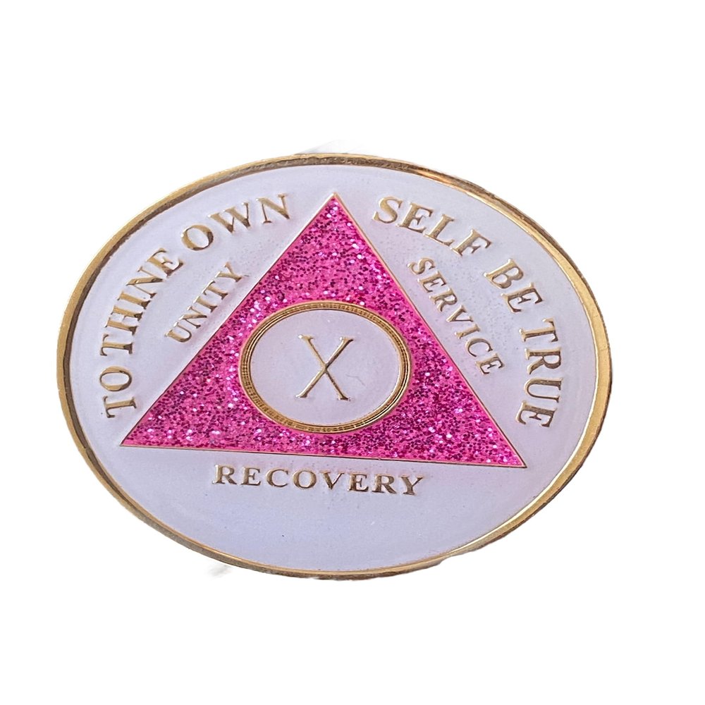 10 Year AA Medallion White Glow In The Dark Pink Glitter Sobriety Chip