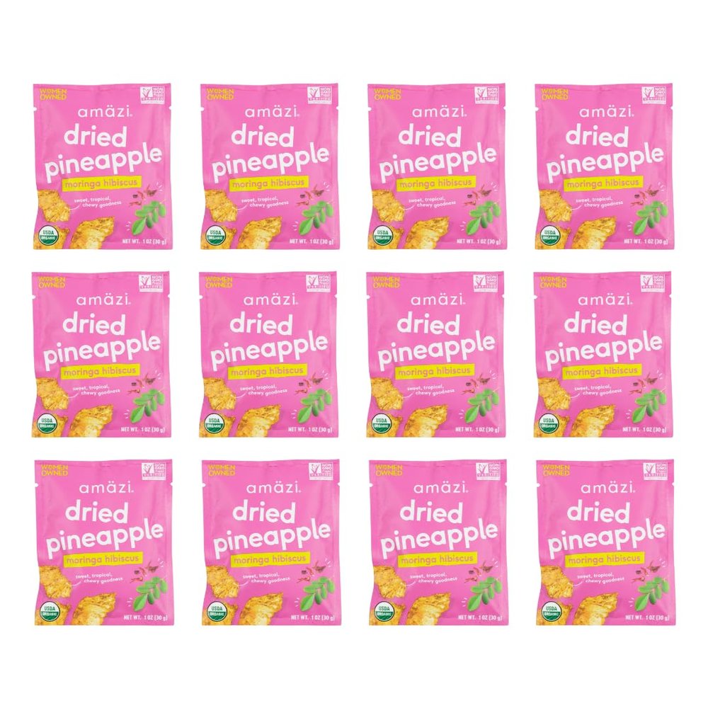 Amzi Foods | Dried Pineapple - Moringa Hibiscus (12 1oz Packs) | All Natural Mini Travel Snacks | No Sugar Added Dried Pineapple | Dehydrated Fruit
