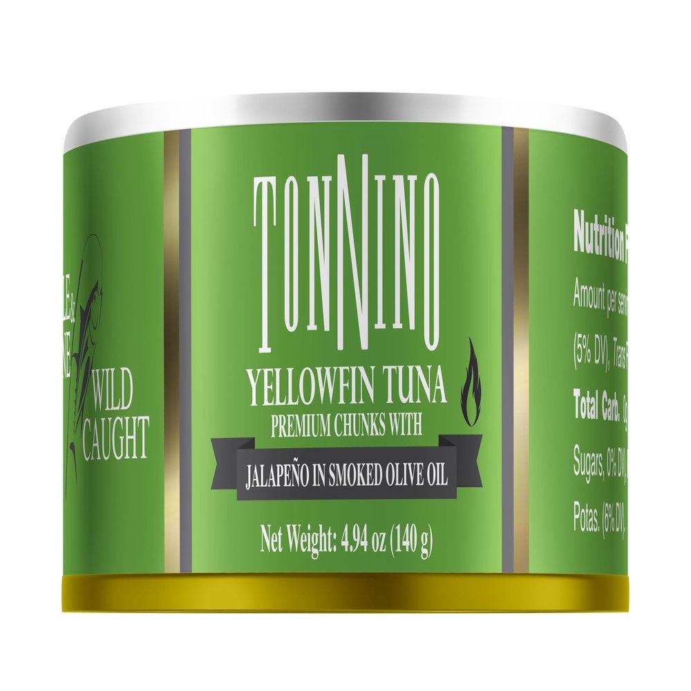 Tonnino Tuna Fish Yellowfin Pole&Line Premium chuncks with Jalapeno in Smoked Oilve Oil Pack of 12 Alternative to Salmon Protein Snacks Ready to Eat Meals in Can