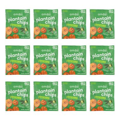 Amzi Foods | Dried & Roasted Salted Olive Oil Plantain Chips (12 1oz Packs) | All Natural Mini Travel Crunchy Dried Fruit Snacks | Gluten Free Healthy Snacks