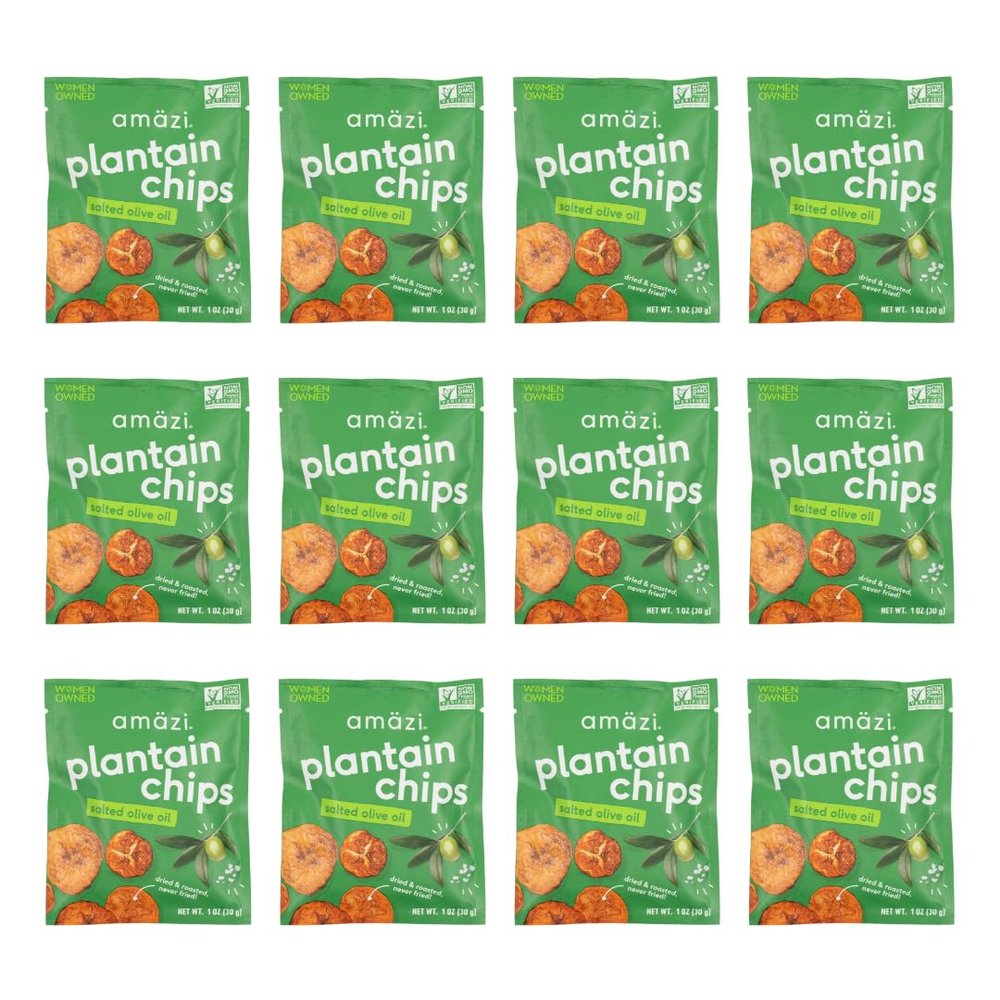 Amzi Foods | Dried & Roasted Salted Olive Oil Plantain Chips (12 1oz Packs) | All Natural Mini Travel Crunchy Dried Fruit Snacks | Gluten Free Healthy Snacks