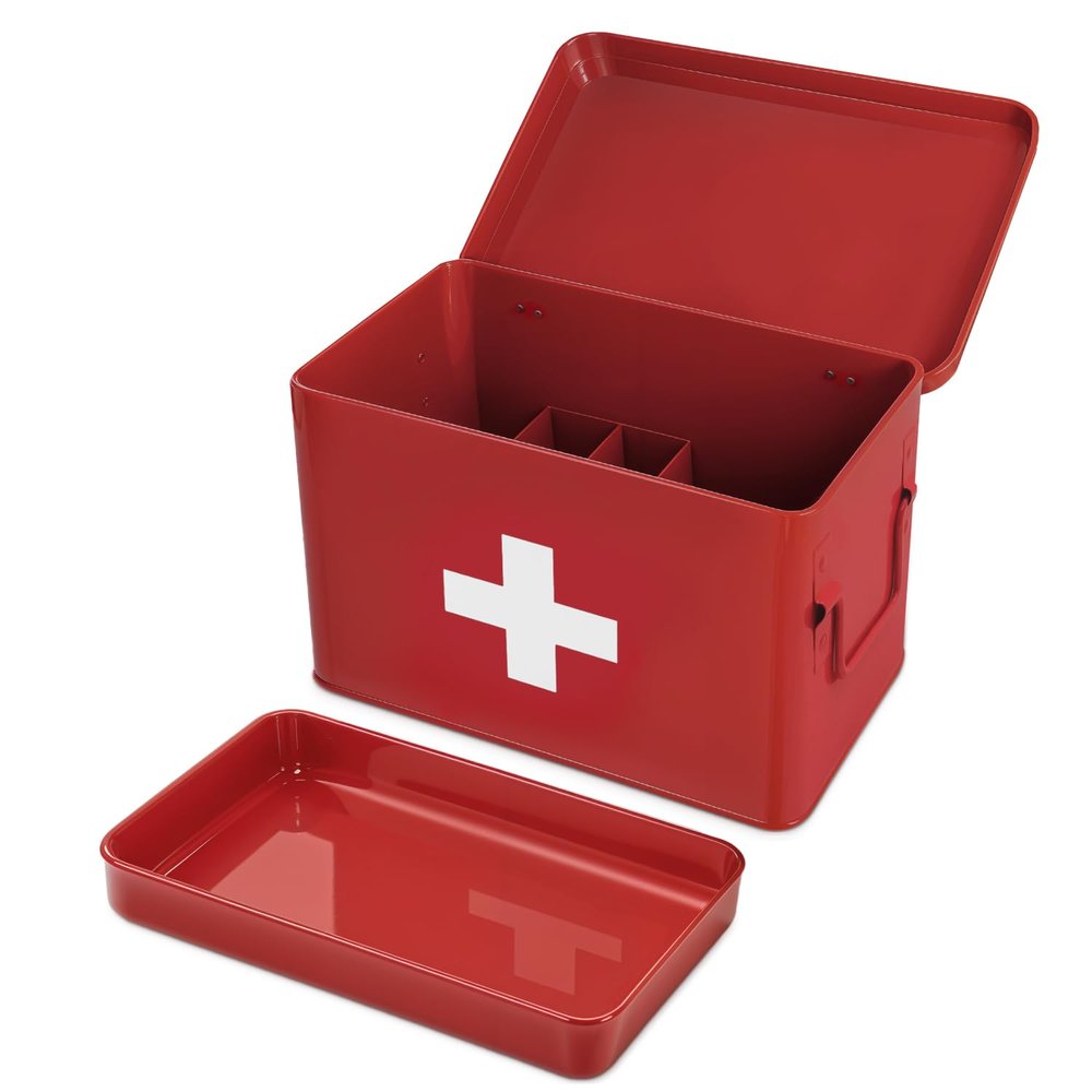 Plexon First Aid Kit, First Aid Supplies Bin, 8.5" Metal Medicine Storage Box with Lid, First Aid Kit Box Organizer, Red