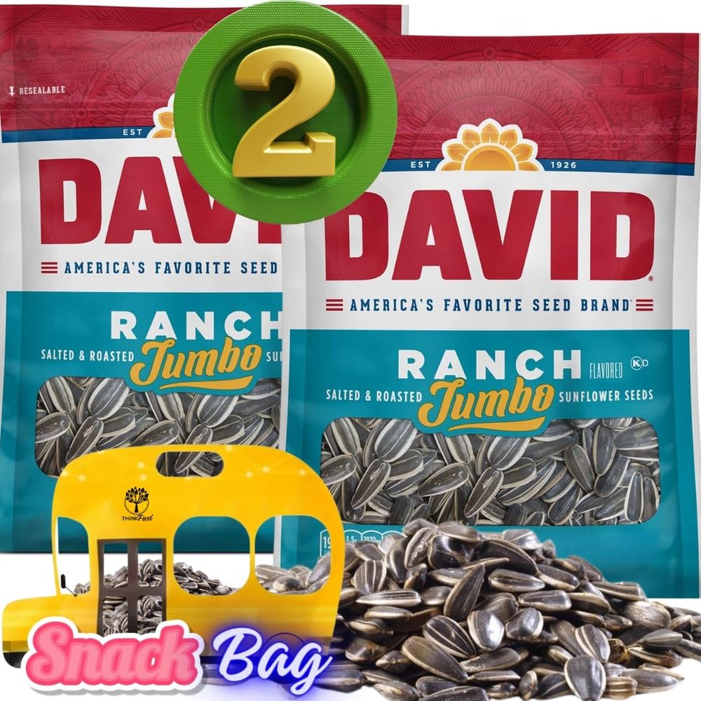 (PACK OF 2) David Sunflower Seeds Ranch Flavor JUMBO SIZE - Comes With Bus Resealable ZipBag by Think FWD - Whole Seeds Seasoned, Salted & Roasted (2 Bags, Ranch)