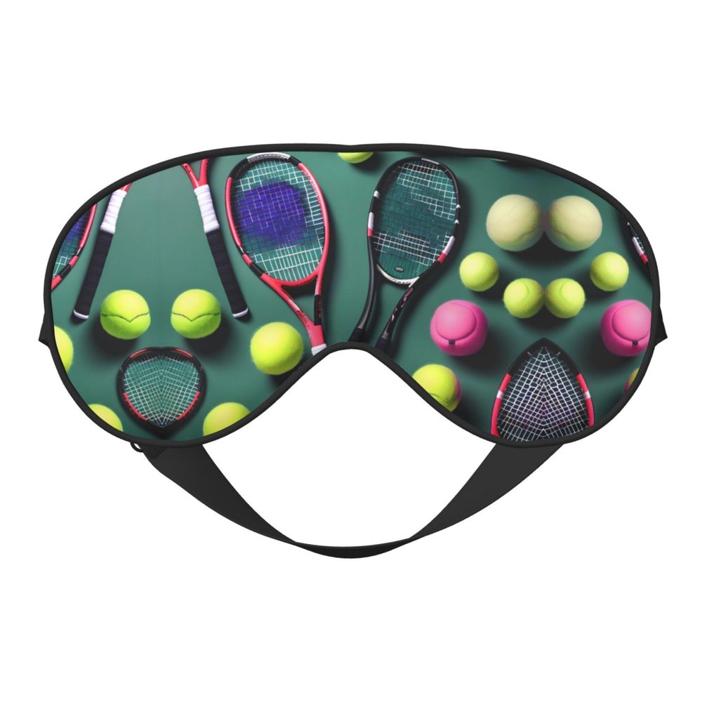 FRESQA Funny Tennis Racquets and Tennis Balls Print Unisex Sleep Mask Double-Sided Eye Mask,Ideal for Sound Sleep and Skin Care, Black