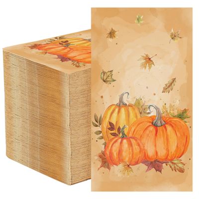 100 PCS Fall Pumpkin Guest Napkins Thanksgiving Disposable Hand Towels Farmhouse Pumpkin Paper Napkin Watercolor Maple Leaf Decorative Dinner Napkins for Autumn Thanksgiving Harvest Party Supplies