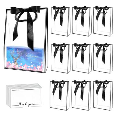 15Pack Clear Plastic Gift Bags with Handle,Reusable PP Gift Wrap Tote Bags with Ribbon for Wedding Bridal Birthday Party Baby Shower Goodies Graduation Shopping Business, 7x10x3.15 Inch (Black)
