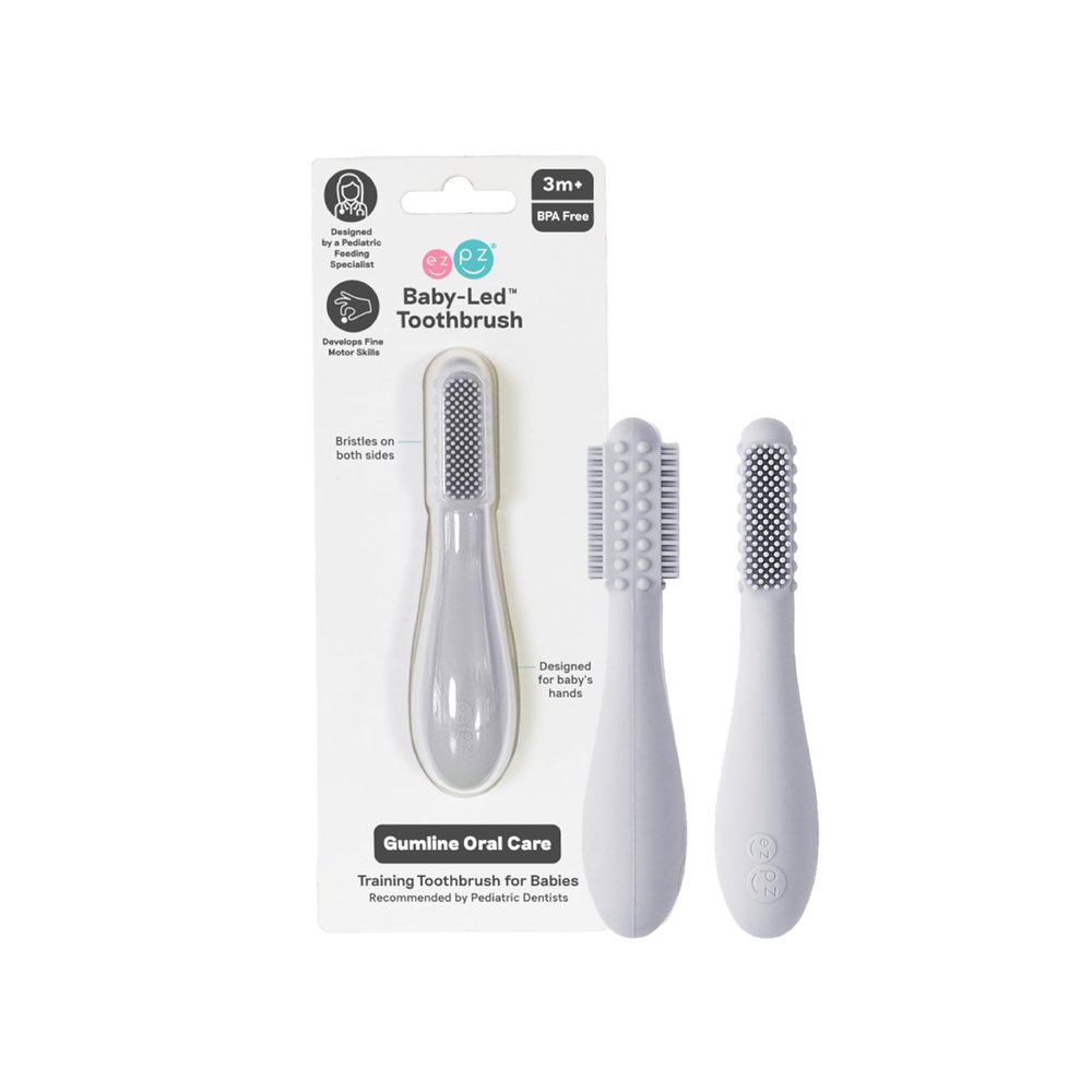 ezpz Baby-Led Toothbrush (Pewter) - 3 Months + - 100% Silicone Infant Toothbrush with Sensory Bumps - Cleans Gums + New Teeth - Improves Hand-to-Mouth Coordination, Self-Feeding Skills
