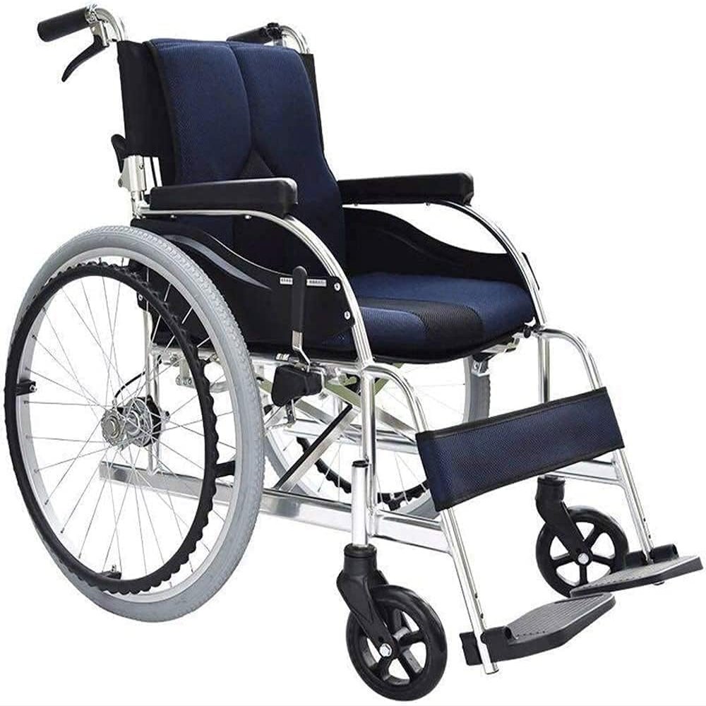 CAIMIAO Ultra-Light Folding Wheelchair for Elderly and Handicapped Solid Tires and Portable Aluminum Alloy Frame(Color:Blue)