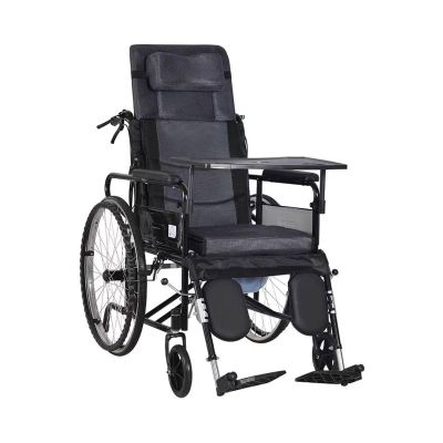 Full Reclining Commode Wheelchair High Back Manual Wheelchair W/Headrest & Dining Table Folding Bathroom Shower Chair Mobility Device for Adults Handicap Driving Trolley(Color:A)