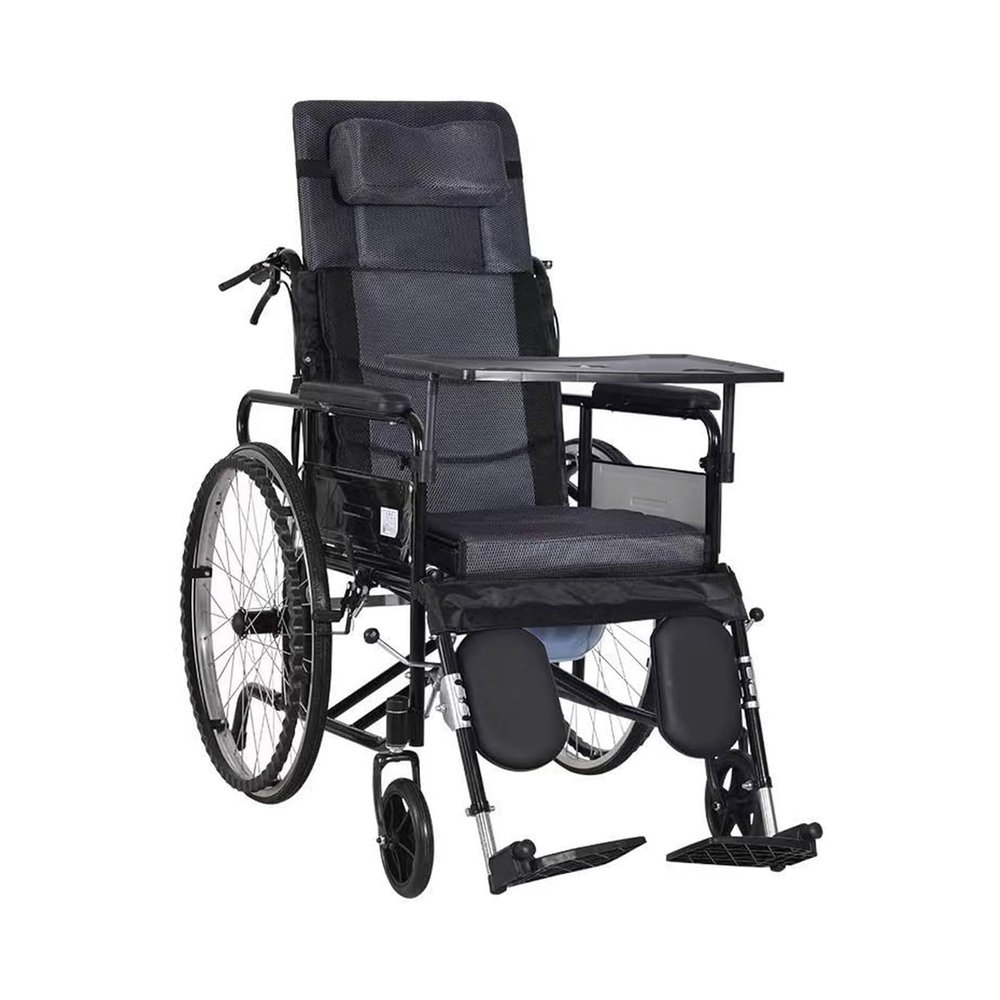 Full Reclining Commode Wheelchair High Back Manual Wheelchair W/Headrest & Dining Table Folding Bathroom Shower Chair Mobility Device for Adults Handicap Driving Trolley(Color:A)